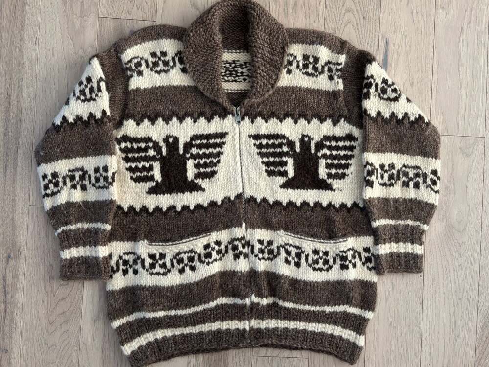 Vintage 70s Wool Cowichan Zip Cardigan Sweater Thunderbird Shawl Collar Brown